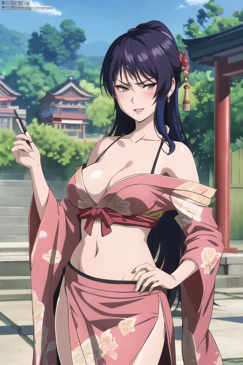 shandy, 1girl, bar,  classy, royal, long hair, blush, lipstick, jewelry, earrings, Hot girl, baddie, staring, glaring, bad attitude, mean girl, dare, angry, hate, crazy, smoking, sensual, attractive , blush, lipstick, masterpiece, best quality, highly detailed, a anime girls in kimono dress with a sword posing for a
picture, bare shoulder,open kimono, evil smile, open mouth, crop top , (nsfw) not safe for work, smile,
ecchi anime style, anime girls, ecchi style, ecchi, digital anime art!!, in anime style, official artwork, visual
novel cg, beautiful anime girl, anime style 4 k, kimono pencil skirt, exposed belly, exposed navel,
exposed midriff, exposed lower belly, outdoor, japanese architecture, temple