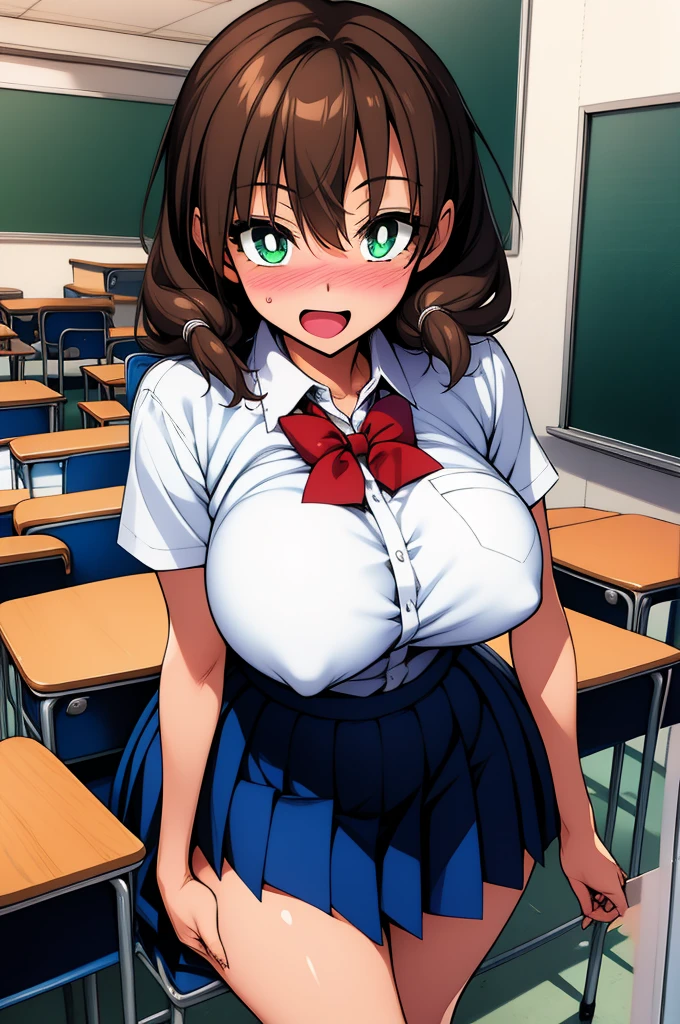 1girl, cowboy shot, (classroom:1.2), large breasts, (nose blush:1.2), open mouth, (fang:1.2), smile, short sleeves, 
amano_megumi, green eyes, bright pupils, white pupils, brown hair, twintails, , bowtie, collared shirt, pleated skirt, best quality, masterpiece, highres, 