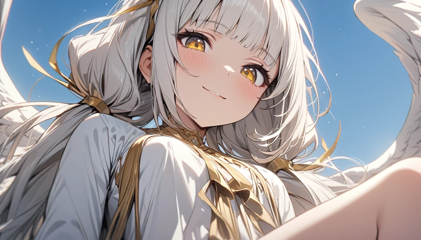 masterpiece, best quality, ultra-detailed, 1girl, flat, goddess, Angel wings, white clothes, white hair, very long hair, low twin tails, gold ribbon, blunt bangs, tender smile, yellow eyes, sitting, looking down, looking at viewer, from below, close up of upper body, clear sky