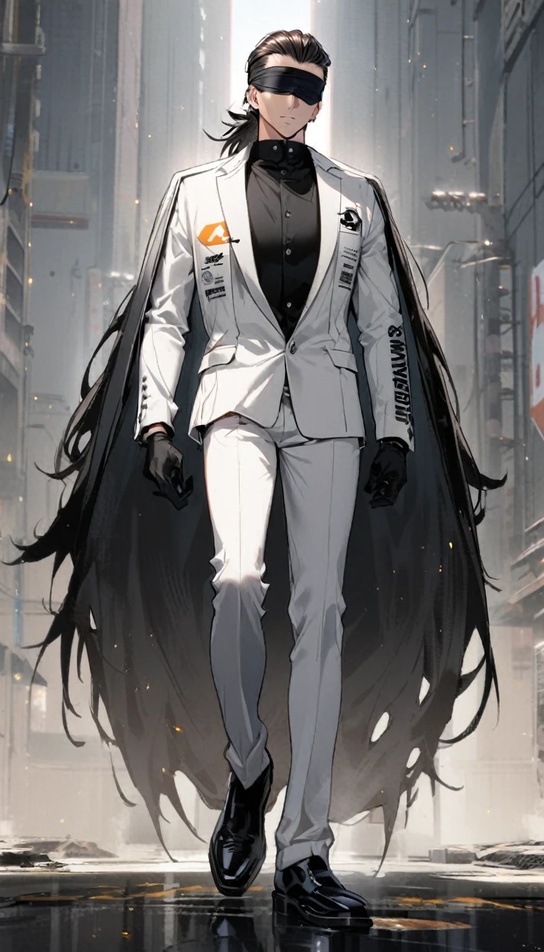 1boy,black slick back hair,blind fold,white blazer with logo,standing