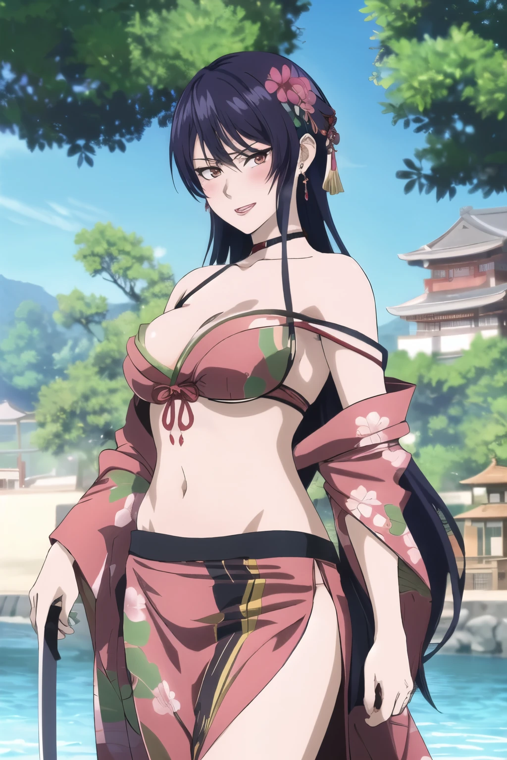 shandy, 1girl, bar,  classy, royal, long hair, blush, lipstick, jewelry, earrings, Hot girl, baddie, staring, glaring, bad attitude, mean girl, dare, angry, hate, crazy, smoking, sensual, attractive , blush, lipstick, masterpiece, best quality, highly detailed, a anime girls in kimono dress with a sword posing for a
picture, bare shoulder,open kimono, evil smile, open mouth, crop top , (nsfw) not safe for work, smile,
ecchi anime style, anime girls, ecchi style, ecchi, digital anime art!!, in anime style, official artwork, visual
novel cg, beautiful anime girl, anime style 4 k, kimono pencil skirt, exposed belly, exposed navel,
exposed midriff, exposed lower belly, outdoor, japanese architecture, temple