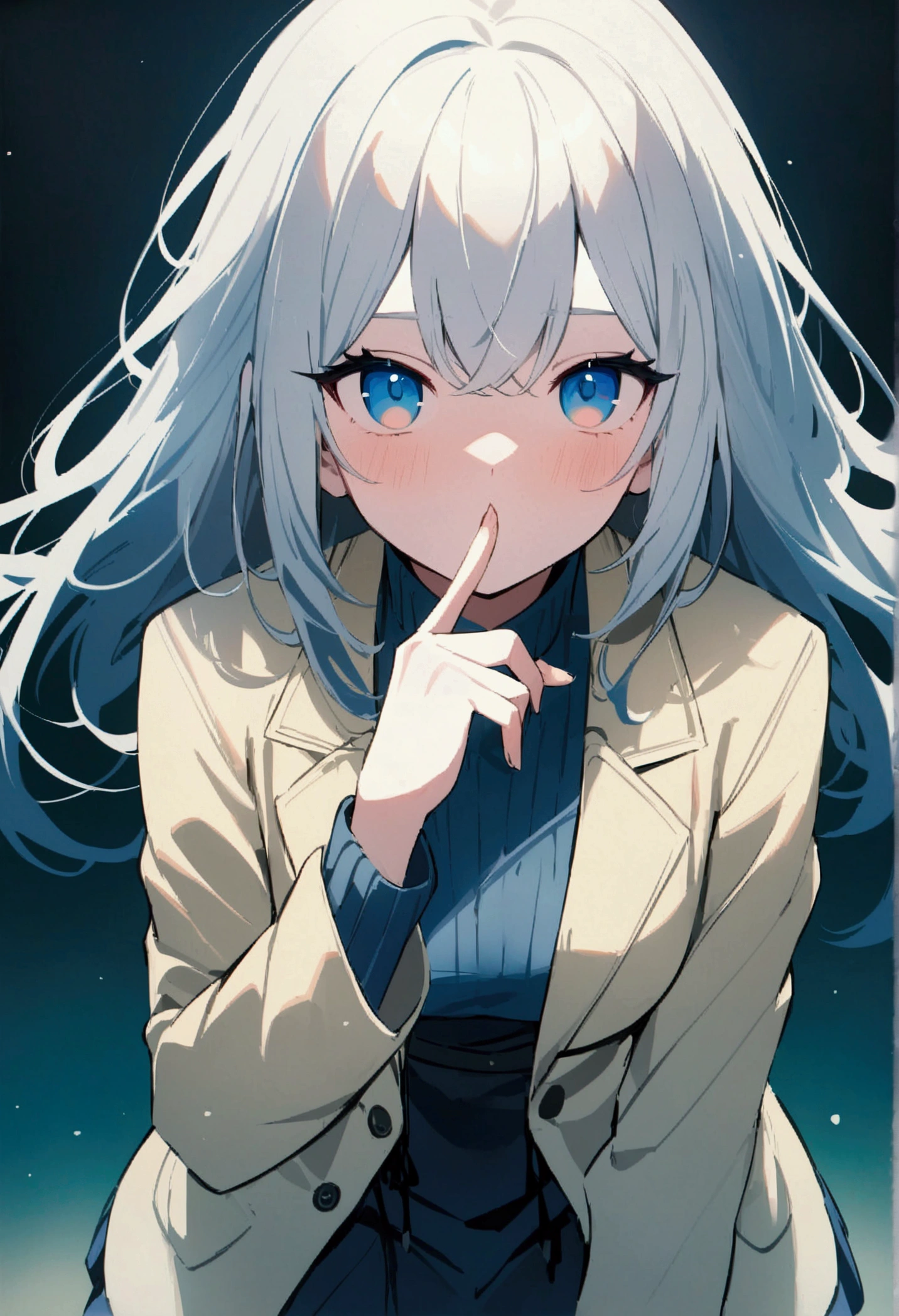 high resolution、High Precision、Never-before-seen artwork、In calm colors、Beige blazer、Navy blue jumper skirt、Silver hair with a thin ribbon、Blue Eyes、Tsundere、Put your finger to your mouth