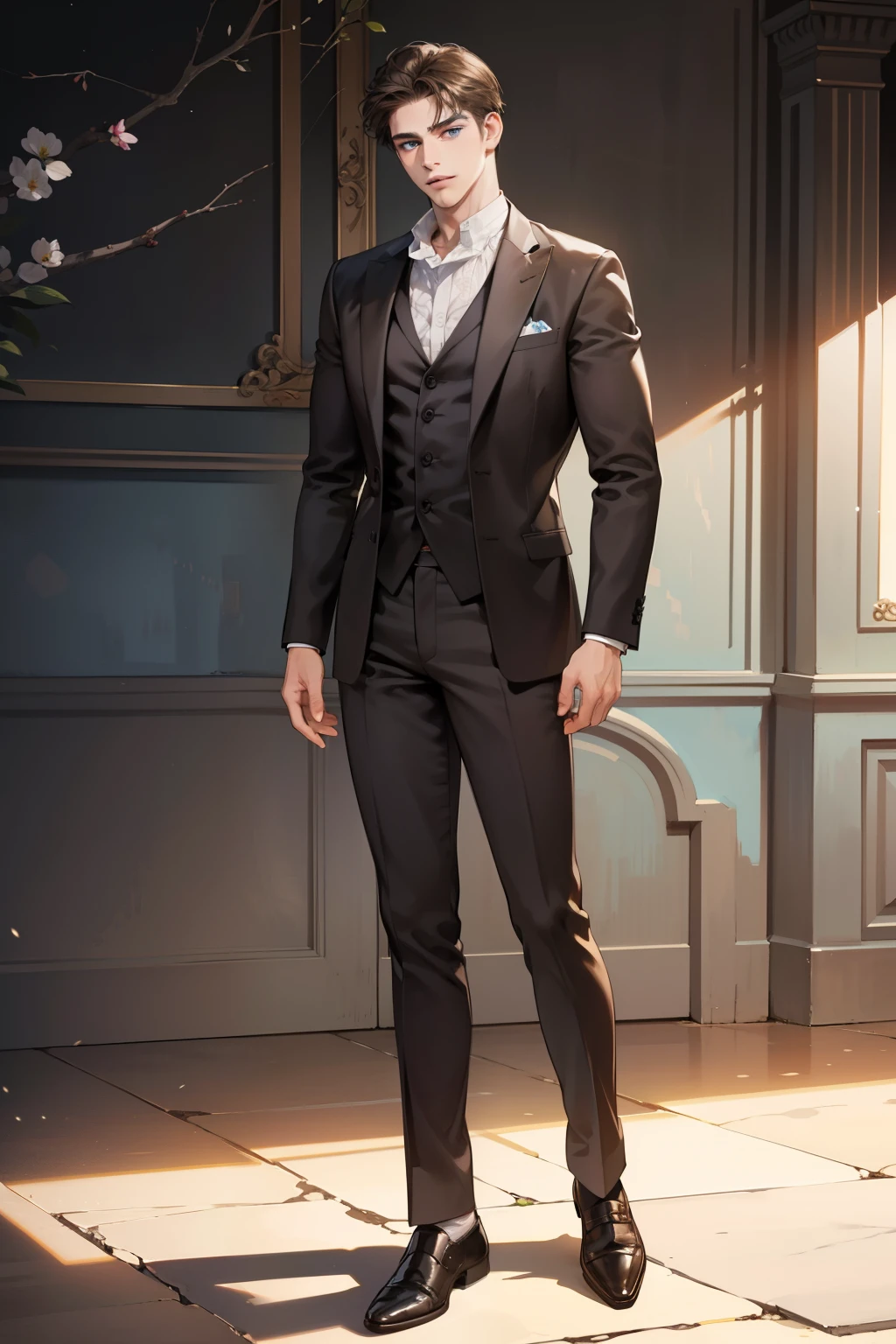 masterpiece, best quality, realistic, 1man, mature male, quiet and charming young man, 25 year old, serious look, closed mouth, portrait, extremely detailed face, cold smile, ((blue grey eyes)), ((short-right-swept dark brown hair)), [thick eyebrows], ((suit)), handsome, full body, western, Jewish, light brown skin,