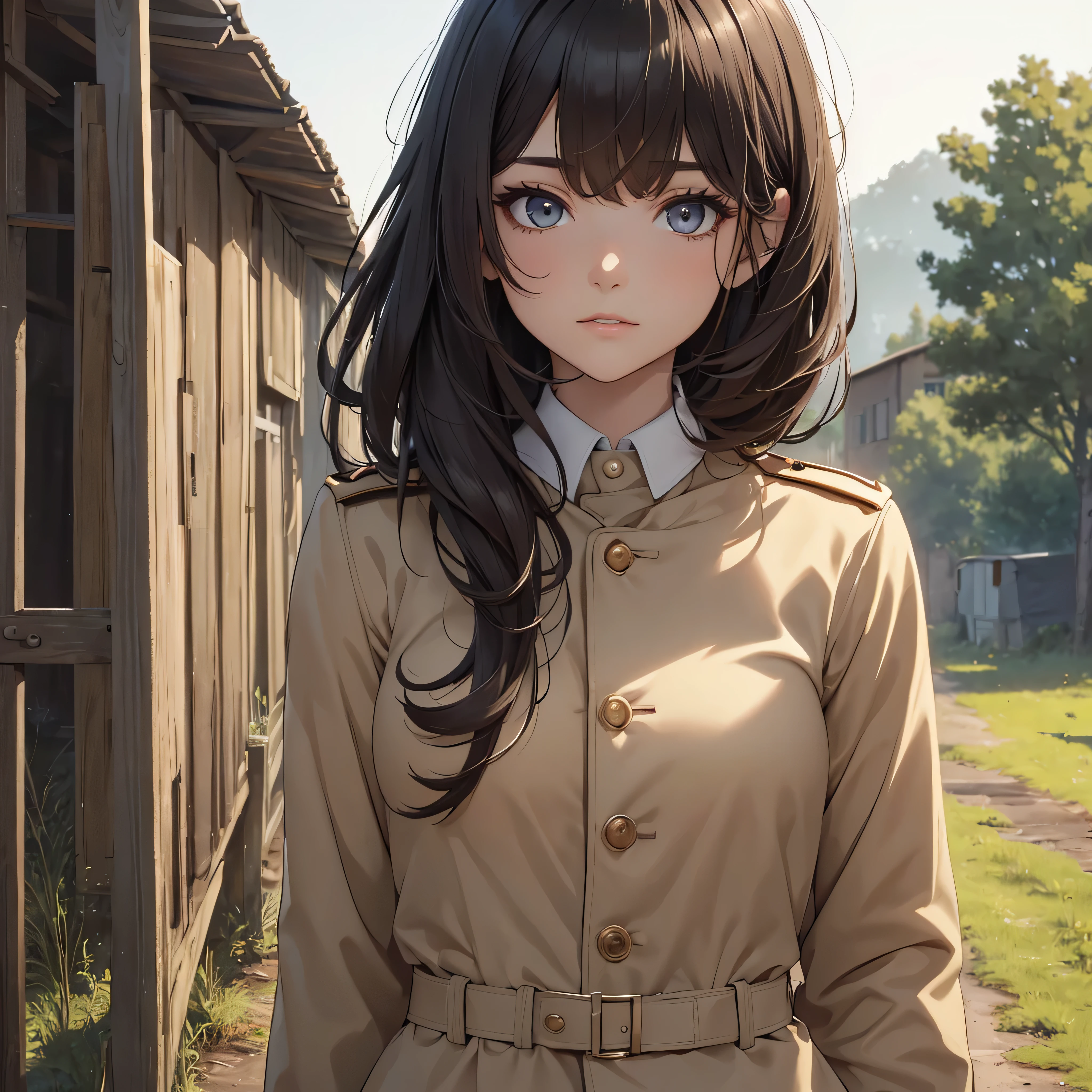 (8K, Best Quality, Masterpiece, Ultra High Resolution) 1Woman, Beautiful Eyes, Face Details, Dark Hair, Tied Hair, Hazel Eyes, Pale Skin, Tan Colored Military Uniform, Tan Jacket, White Fitted Shirt, Outside, Military Camp, Countryside, Best Quality, Upper Body, Looking at the Viewer, Facing Viewer, Close Up