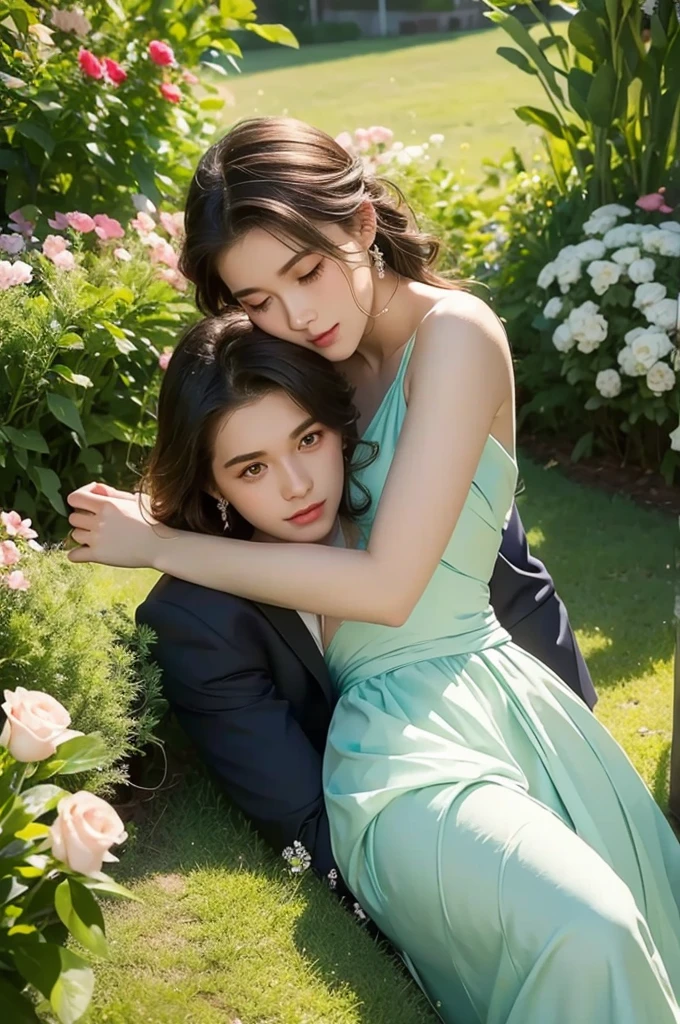 A couple lying in the flowers，Handsome guy hugs beautiful girl from behind，Wearing a dress，Boys in suits，Perfect face perfect hands，Sweet atmosphere，bust