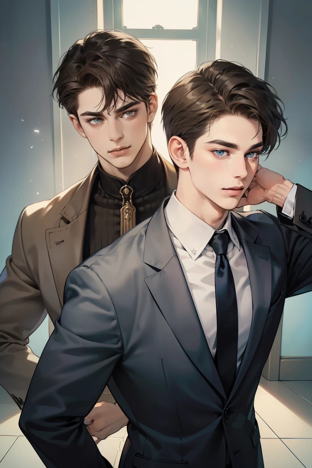masterpiece, best quality, realistic, 1man, mature male, quiet and charming young man, 25 year old, serious look, closed mouth, portrait, extremely detailed face, cold smile, ((blue grey eyes)), ((short-right-swept dark brown hair)), [thick eyebrows], ((suit)), handsome, full body, western, Jewish, light brown skin,