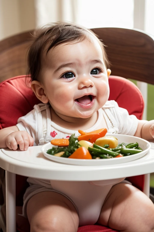 a baby of 8 months sitting in feeding chair, eating cooked vegetables, happy baby, detailed facial features, chubby baby, adorable expression, bright lighting, soft focus, natural colors, warm toned, photorealistic, high quality, 8k, hyperdetailed, masterpiece