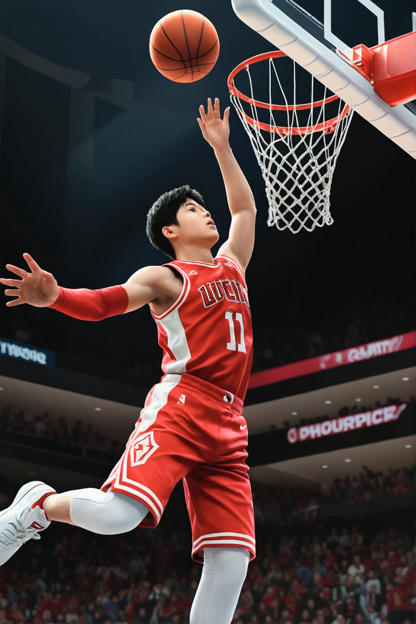 1boy, Shohei Ohtani, basketball player, dunk shoot, from below, cinematic angle, audience well up, detailed facial features, realistic, hyper-realistic, photorealistic, (best quality,4k,8k,highres,masterpiece:1.2),ultra-detailed,(realistic,photorealistic,photo-realistic:1.37),studio lighting,vivid colors,dramatic lighting,