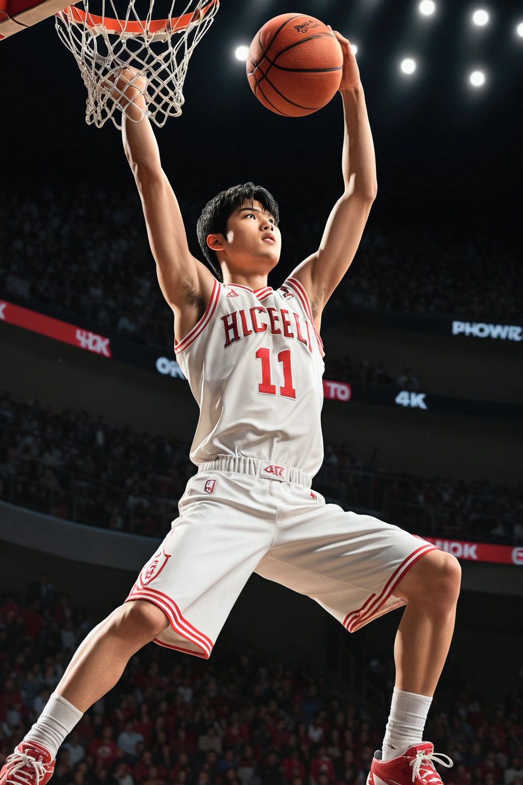 1boy, Shohei Ohtani, basketball player, dunk shoot, from below, cinematic angle, audience well up, detailed facial features, realistic, hyper-realistic, photorealistic, (best quality,4k,8k,highres,masterpiece:1.2),ultra-detailed,(realistic,photorealistic,photo-realistic:1.37),studio lighting,vivid colors,dramatic lighting,