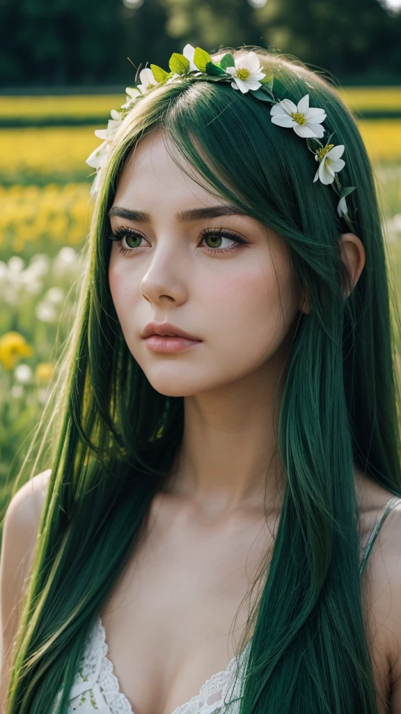 a girl. face sent feeling. Europe. Oval face. long face. delicate facial features. close eyes. seductively seductive. long straight hair. green hair. wreath on head. angry expression. straight face. in the flower field