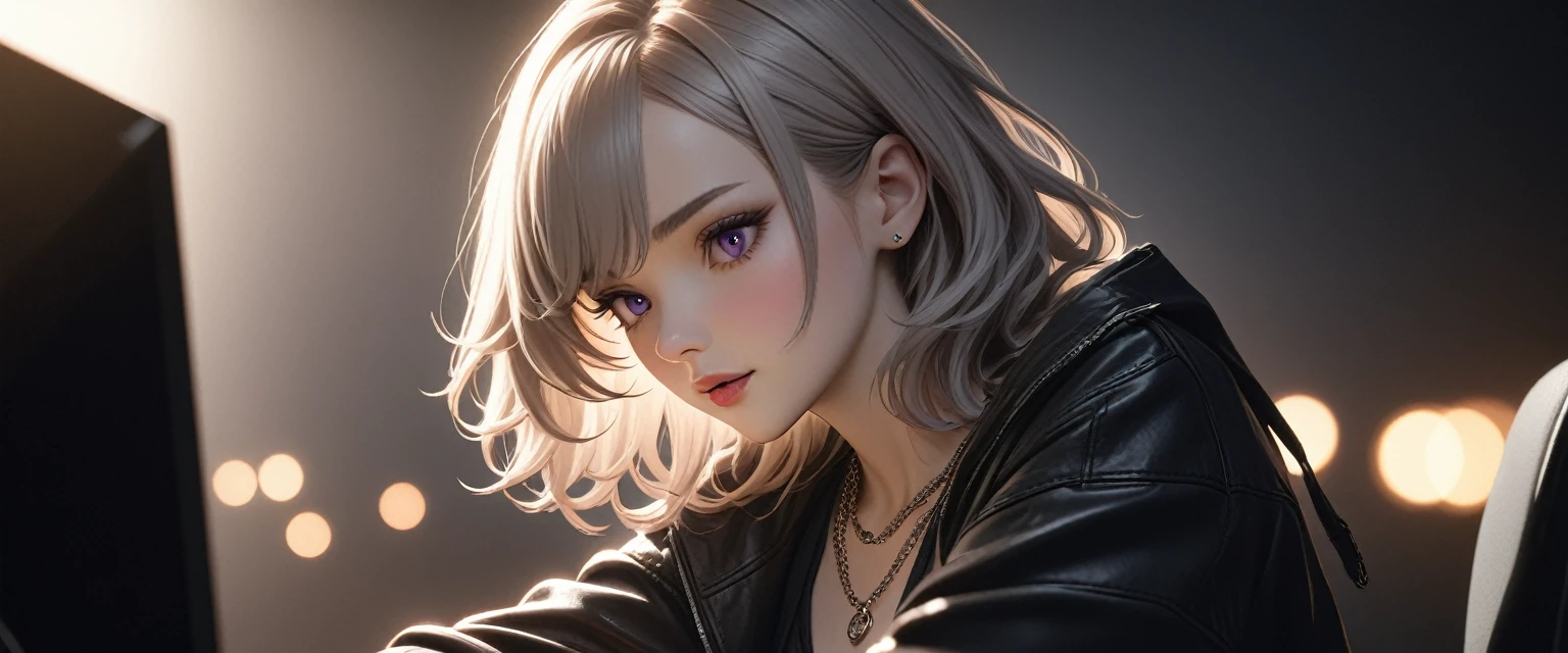 best quality, masterpiece, high resolution, A girl, platinum hair, purple eyes, fashion clothing, necklace, jewelry, more than_Body, Tyndall effect, lifelike, Dark Studio, Side lighting, Two-color lighting, (HD Skin:1.2), 8k , Soft Light, high quality, Volumetric Lighting, frank, high resolution, 8k, Bokeh,hort depth of field, hacker female, computer