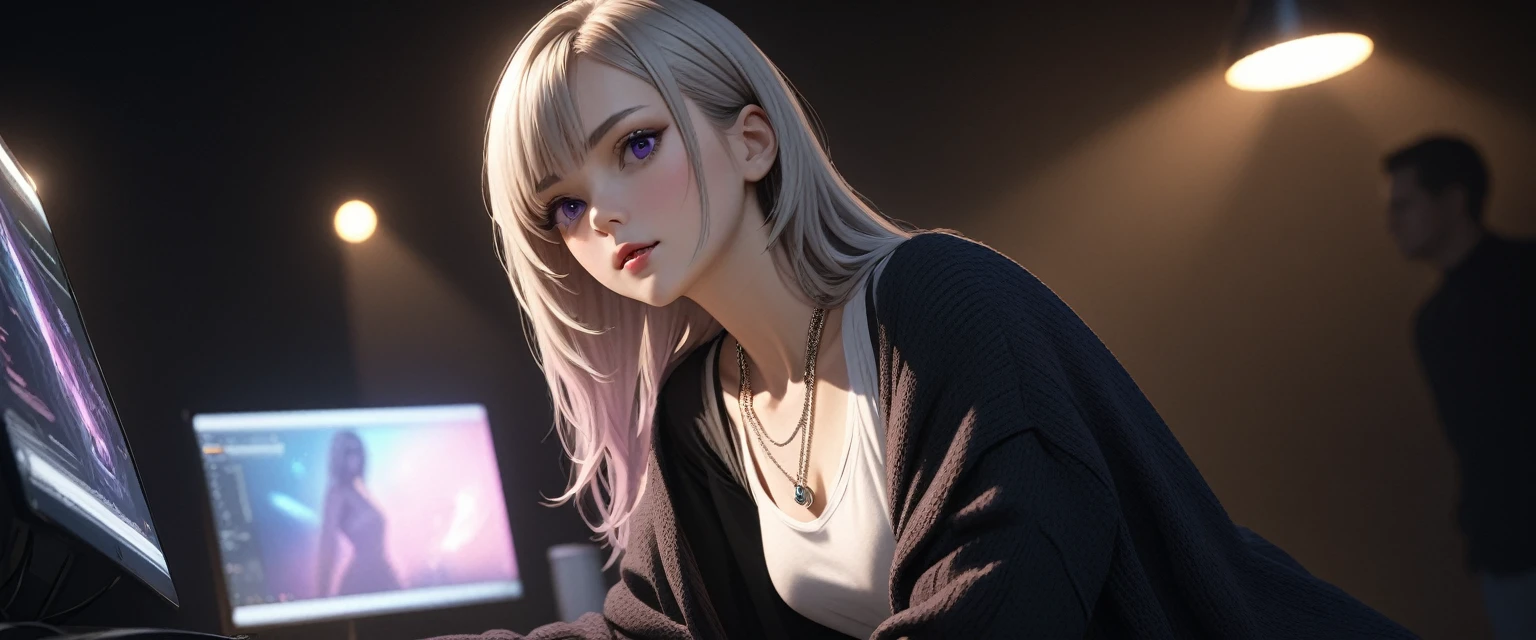 best quality, masterpiece, high resolution, A girl, platinum hair, purple eyes, fashion clothing, necklace, jewelry, more than_Body, Tyndall effect, lifelike, Dark Studio, Side lighting, Two-color lighting, (HD Skin:1.2), 8k , Soft Light, high quality, Volumetric Lighting, frank, high resolution, 8k, Bokeh,hort depth of field, hacker female, computer