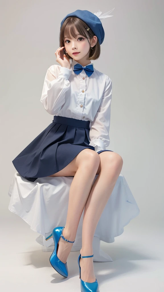 uekura, One girl, Blonde Hair, White Background, Have, dress, Blue footwear, wing, Simple Background, sign, flower, Manicure, Wide sleeves, Long sleeve, blush, animal, white flower, alone, whole body, bird, View Viewer, High heels, Put your hand on your cheek, put your hand on your face, Frills, bow, bangs, ribbon, Bell, Blue hat, +_+, shoes, short hair, Grey Eyes, shoes, Blue Claws, feathered wing, blue bow,