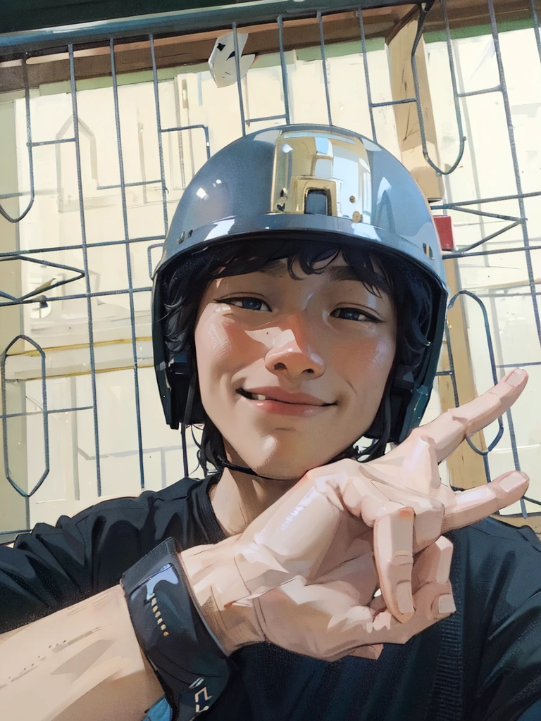 ((Best Quality, 8K, Masterpiece: 1.3)), best quality, ultra high res, there is a man wearing a helmet and making a peace sign, wearing helmet, wearing a round helmet, wearing skating helmet, wearing a helmet, wearing skate helmet, wearing ornate helmet, helmet on face, wearing an elaborate helmet, without helmet, no helmet, wearing winged helmet, no helmet!!!!, helmet on, in a horned helmet, holding helmet