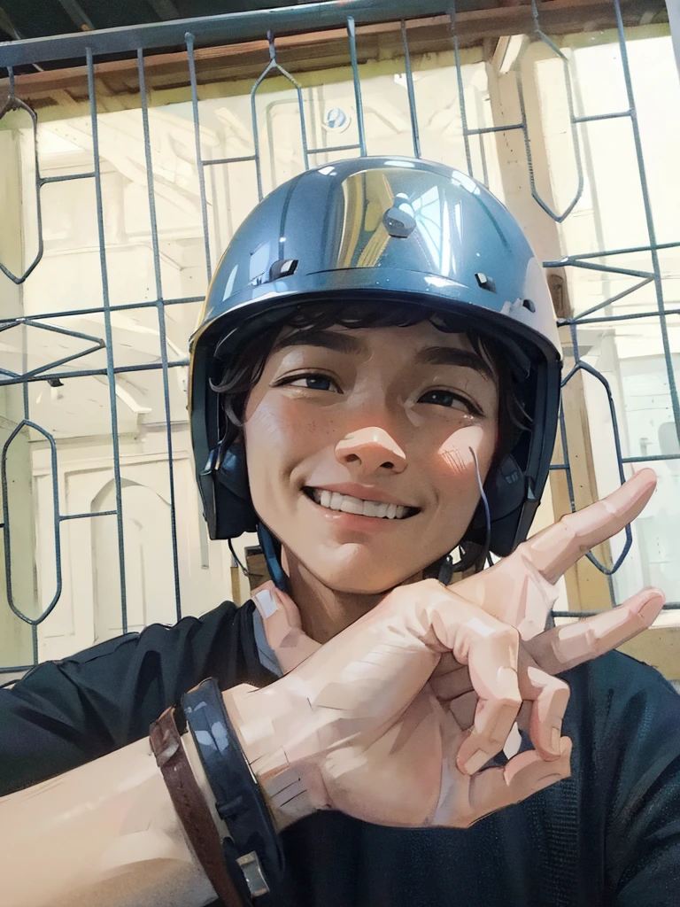 ((Best Quality, 8K, Masterpiece: 1.3)), best quality, ultra high res, there is a man wearing a helmet and making a peace sign, wearing helmet, wearing a round helmet, wearing skating helmet, wearing a helmet, wearing skate helmet, wearing ornate helmet, helmet on face, wearing an elaborate helmet, without helmet, no helmet, wearing winged helmet, no helmet!!!!, helmet on, in a horned helmet, holding helmet