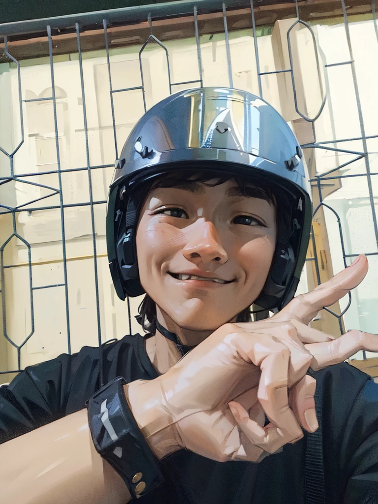 ((Best Quality, 8K, Masterpiece: 1.3)), best quality, ultra high res, there is a man wearing a helmet and making a peace sign, wearing helmet, wearing a round helmet, wearing skating helmet, wearing a helmet, wearing skate helmet, wearing ornate helmet, helmet on face, wearing an elaborate helmet, without helmet, no helmet, wearing winged helmet, no helmet!!!!, helmet on, in a horned helmet, holding helmet