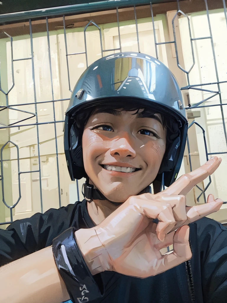 ((Best Quality, 8K, Masterpiece: 1.3)), best quality, ultra high res, there is a man wearing a helmet and making a peace sign, wearing helmet, wearing a round helmet, wearing skating helmet, wearing a helmet, wearing skate helmet, wearing ornate helmet, helmet on face, wearing an elaborate helmet, without helmet, no helmet, wearing winged helmet, no helmet!!!!, helmet on, in a horned helmet, holding helmet