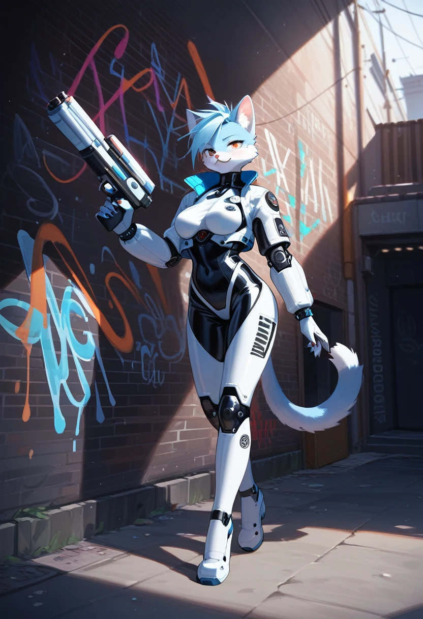 animation, Highest quality, Highest quality, High quality illustrations, masterpiece, Ultra-high resolution, Detailed Background, Alley, night, Graffiti art on the wall, Absurd, Perfect Anatomy, performance, Good lighting, Shadows in the movies(kemono, Furry PersonifiCation), Cat, woman, Blueskin, White Rubber Suit, latex, neon, neonライト, neonカラー, Bodysuits, Cyber Suit, Mech Suit, Rubber Half Jacket, cyber punk, Blade Runner, He has a gun in his right hand, Holding a blade in his left hand