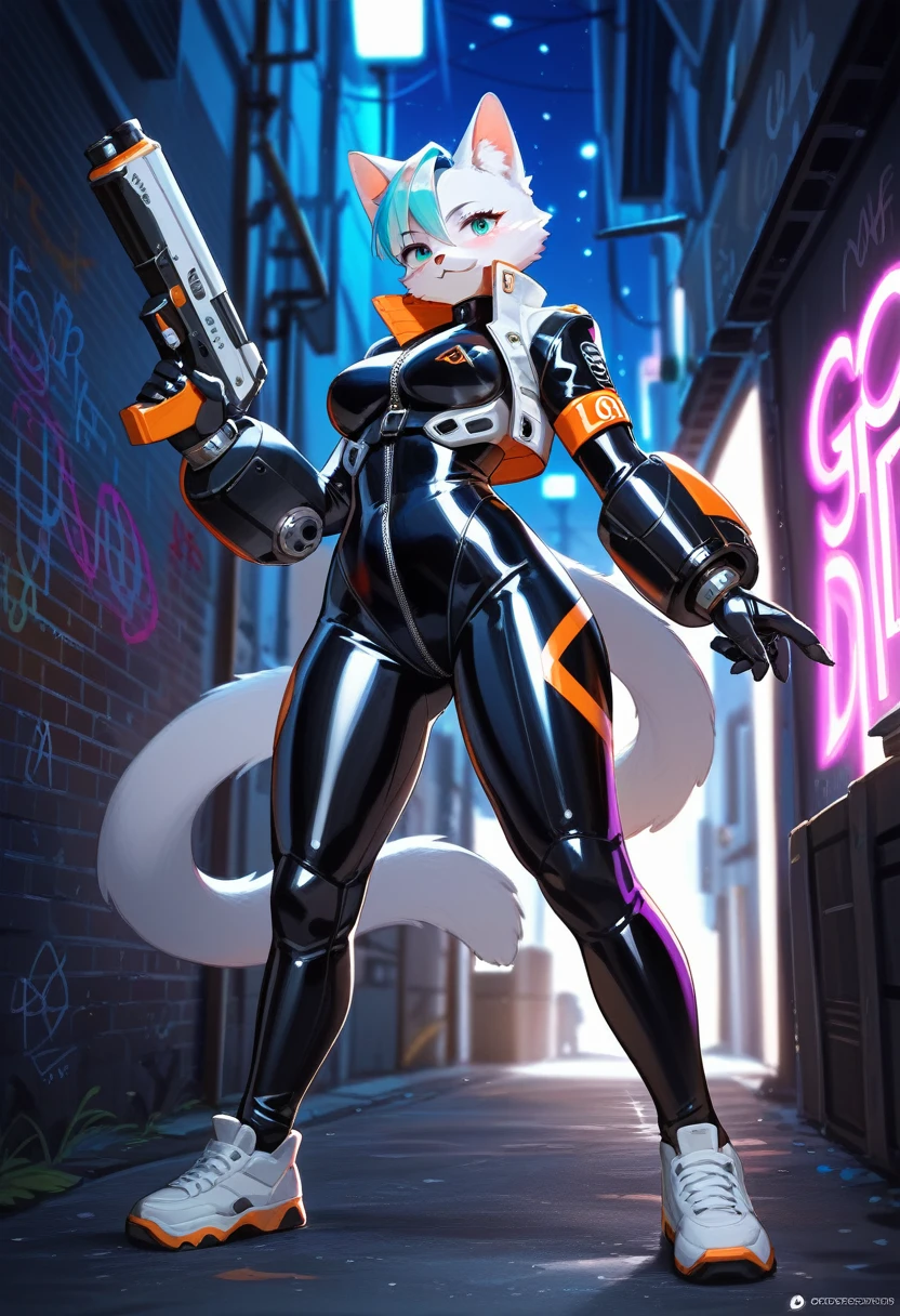 animation, Highest quality, Highest quality, High quality illustrations, masterpiece, Ultra-high resolution, Detailed Background, Alley, night, Graffiti art on the wall, Absurd, Perfect Anatomy, performance, Good lighting, Shadows in the movies(kemono, Furry PersonifiCation), Cat, woman, Blueskin, White Rubber Suit, latex, neon, neonライト, neonカラー, Bodysuits, Cyber Suit, Mech Suit, Rubber Half Jacket, cyber punk, Blade Runner, He has a gun in his right hand, Holding a blade in his left hand