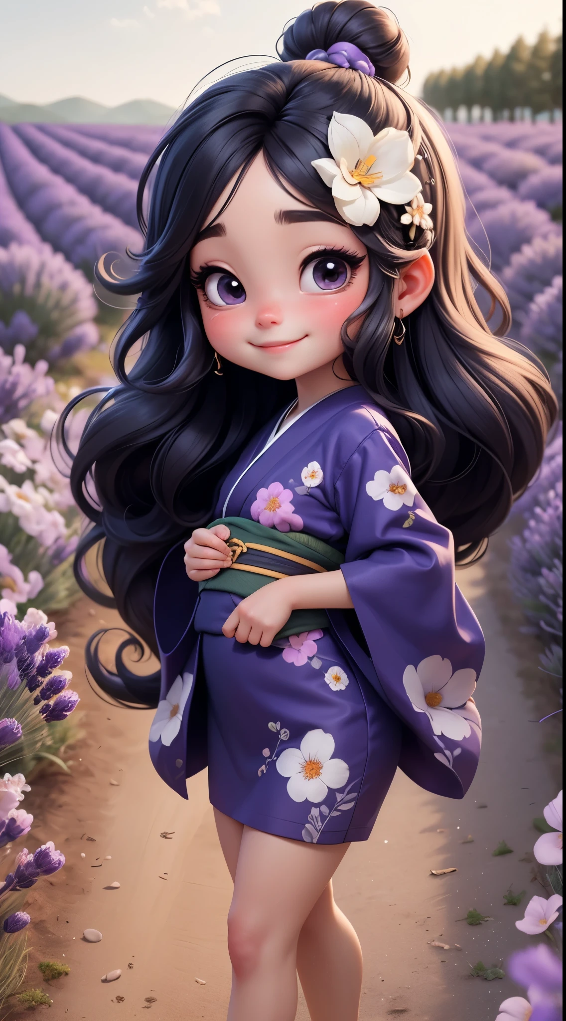 Create a baby chibi version of the Alice character in an 8K resolution. As a coloring book, the color should be black and white, the border should be simple, with the same line thickness, clear, and bold. A beautiful Asian girl with long, flowing black hair adorned with a delicate [lavender hair ornament] is strolling through the picturesque [lavender fields] of Furano, Hokkaido. She is wearing a stunning [kimono with lavender pattern], the vibrant purple colors contrasting with the vast expanse of blooming lavender. The girl's expression exudes a sense of tranquility and joy as she immerses herself in the beauty of the fragrant flowers, It's sunny, Detailed eyes, clear outlines, kawaii pose, A smile, Raise your right hand, Eye Up, Laugh, radiant light, Taken from the side. She should look adorable and cute. Give him a smiling expression and a sweet smile on his face, capturing the essence of the character in a delicate and charming way.