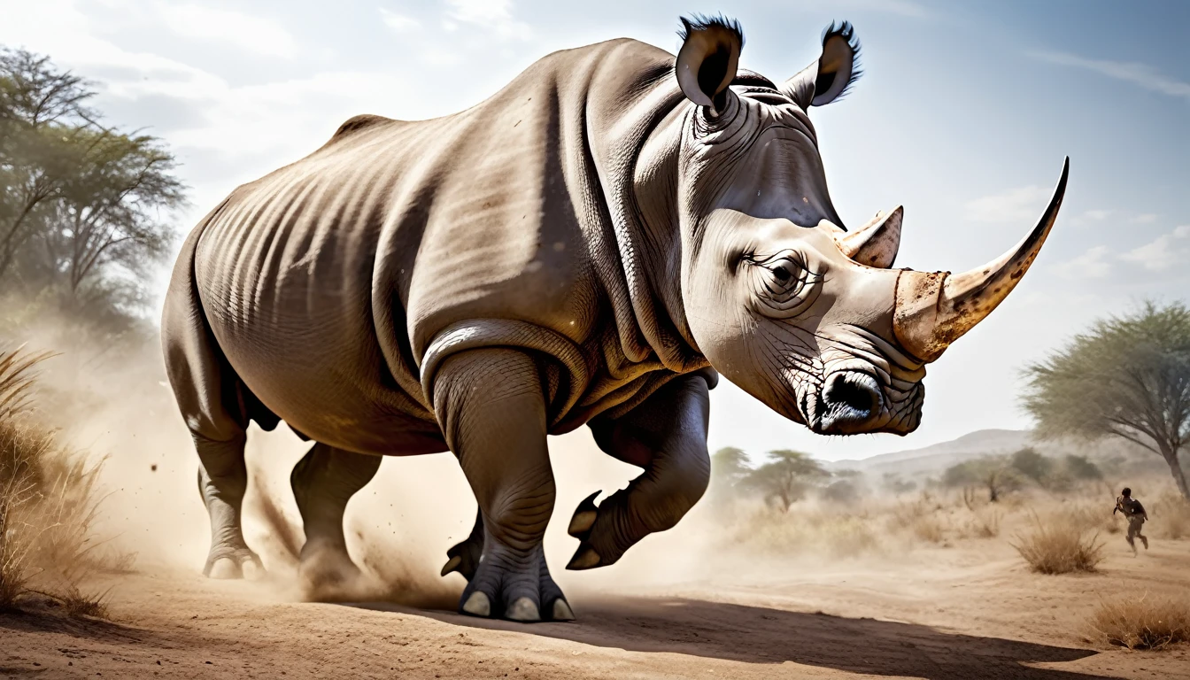 Realistic photos, RAW Photos, rhinoceros, attacks viewer, Powerful movements, jump on prey, ((Dynamic jump)), Sharp Claws, rhinoceros approaching from above, sudden approach, Bad-tempered, dynamic Shot from grand