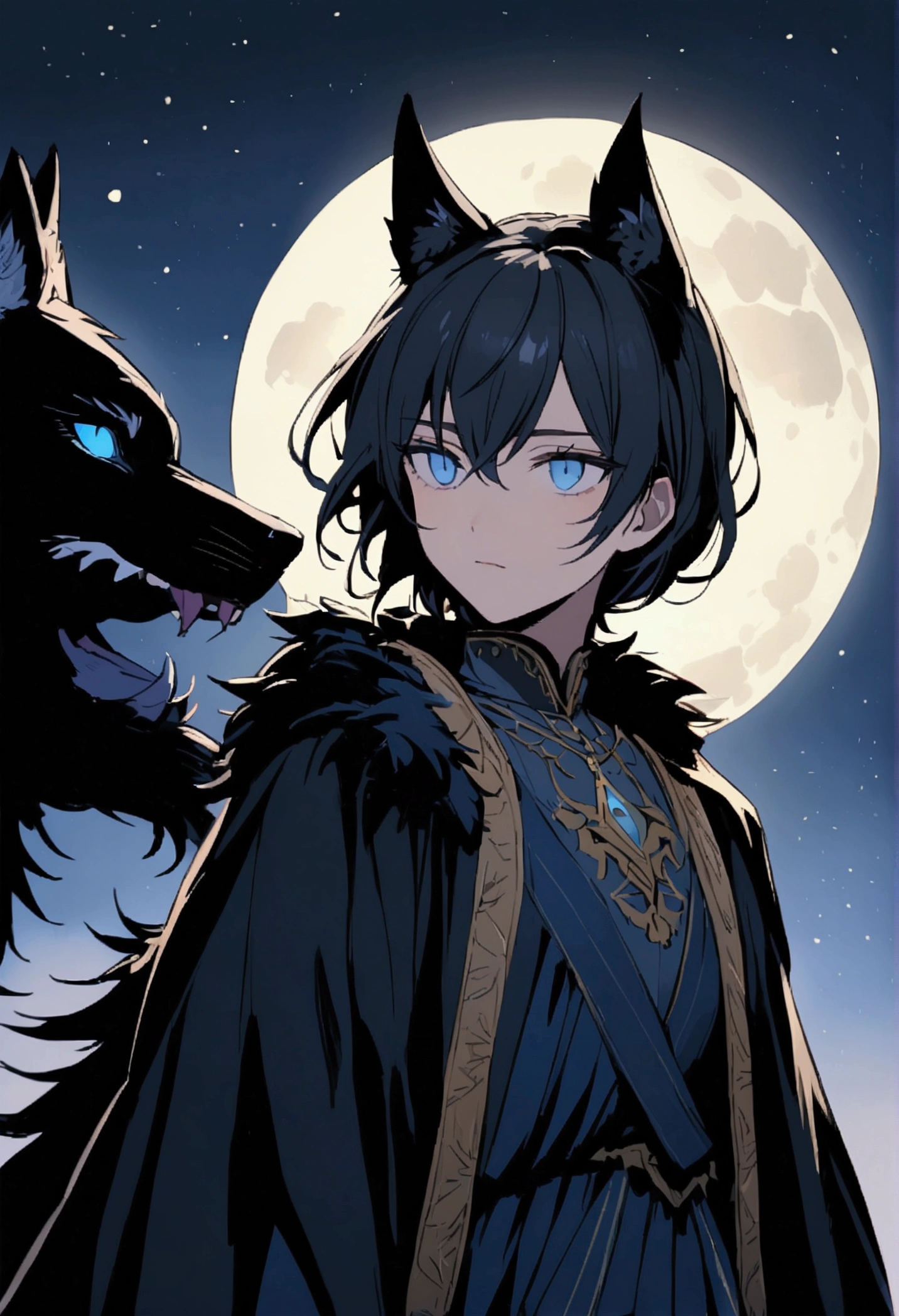 Beautiful black wolf with blue eyes. It is night, the moon is shining.
