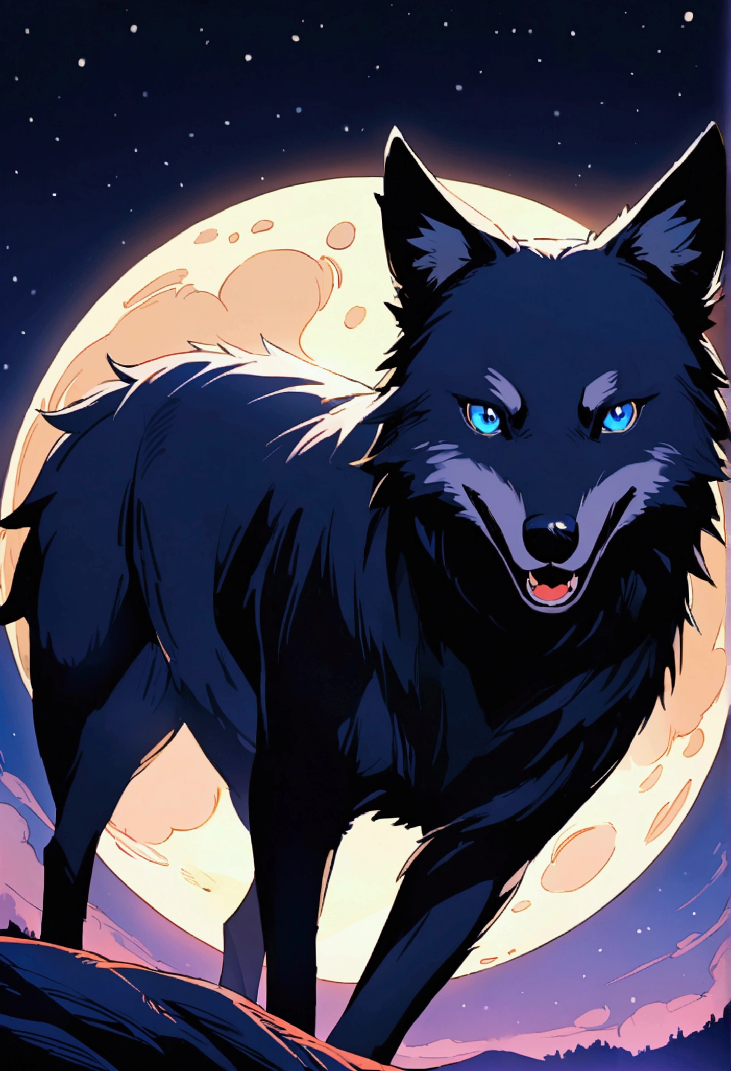 Beautiful black wolf with blue eyes. It is night, the moon is shining.