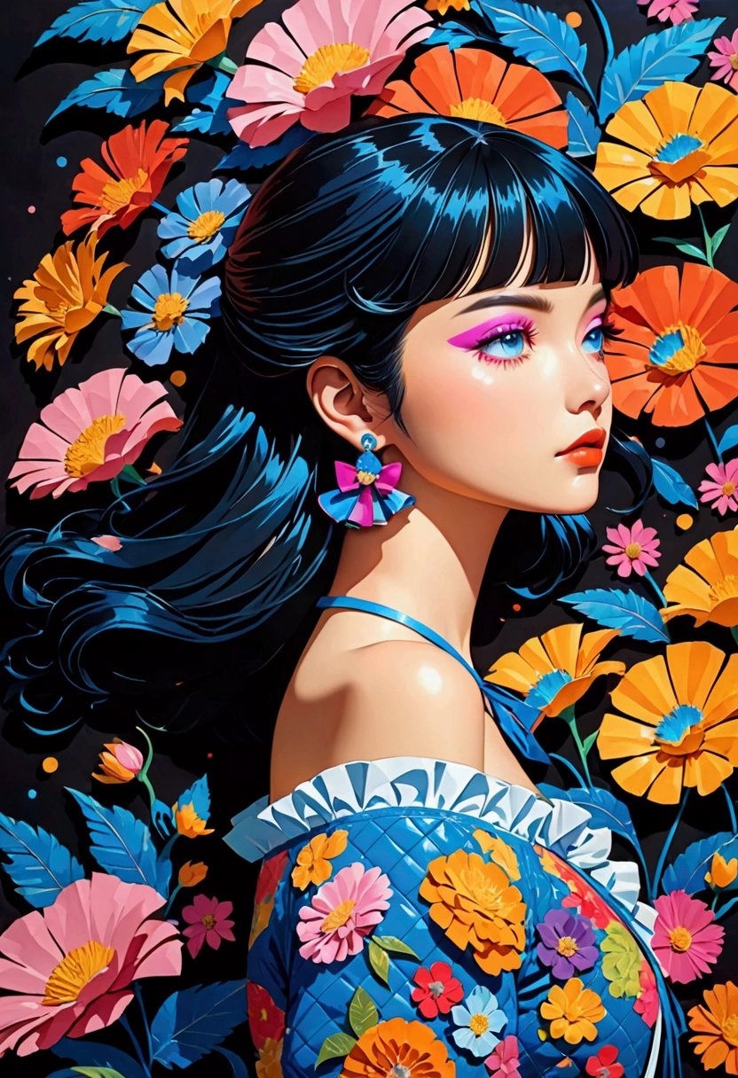 Featuring a dynamic and confident woman,She wears bold makeup,Wear colorful T-shirts, Bare shoulders, Ruffled sleeves, neck ribbon,Jewelry Earrings, Long hair, Looking at the audience, Bangs, Low rise denim shorts, Surrounded by vintage flower motifs, Vibrant brushstrokes, Self-deconstruction, Surreal Vaporwave Aesthetics, Threshold space, Negative Space,Pop Art, (Quilted Paper Art), Edge lighting、Octane Rendering、(Clear lines, HD,best quality, masterpiece, 4K ),