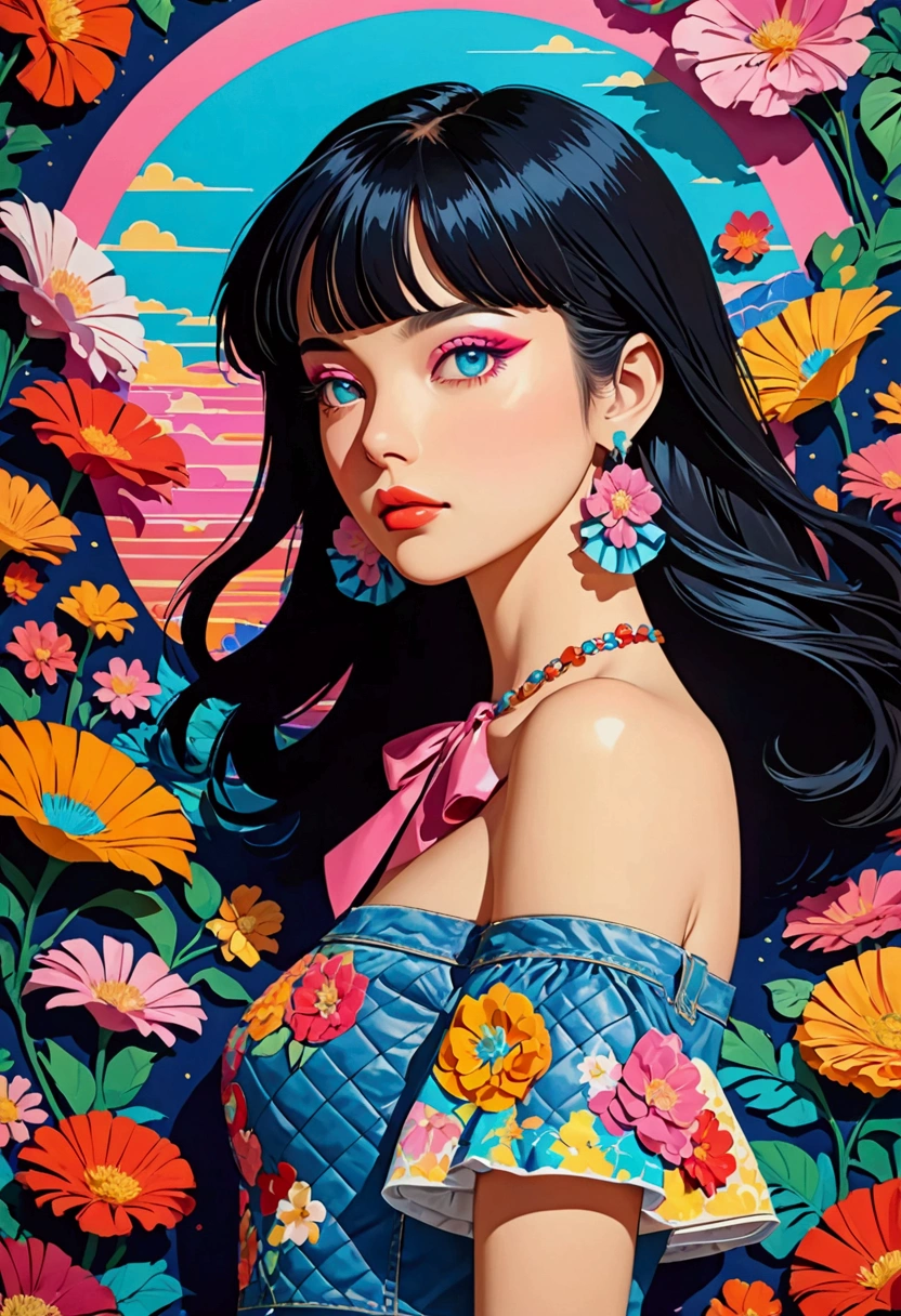 Featuring a dynamic and confident woman，She wears bold makeup，Wear colorful T-shirts, Bare shoulders, Ruffled sleeves, neck ribbon，Jewelry Earrings, Long hair, Looking at the audience, Bangs, Low rise denim shorts, Surrounded by vintage flower motifs, Vibrant brushstrokes, Self-deconstruction, Surreal Vaporwave Aesthetics, Threshold space, Negative Space，Pop Art, (Quilted Paper Art), Edge lighting、Octane Rendering、(Clear lines, HD,best quality, masterpiece, 4K ),
