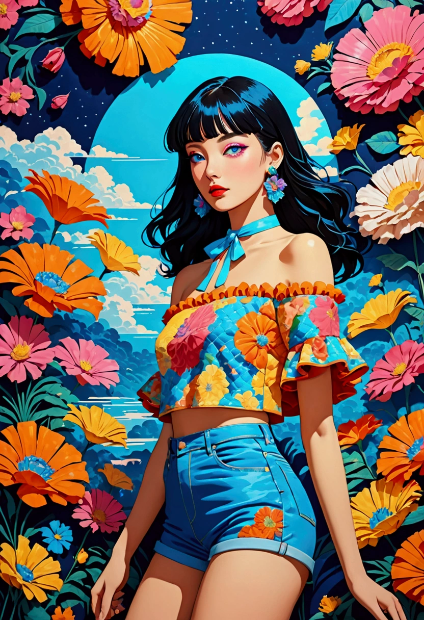 Featuring a dynamic and confident woman,She wears bold makeup,Wear colorful T-shirts, Bare shoulders, Ruffled sleeves, neck ribbon,Jewelry Earrings, Long hair, Looking at the audience, Bangs, Low rise denim shorts, Surrounded by vintage flower motifs, Vibrant brushstrokes, Self-deconstruction, Surreal Vaporwave Aesthetics, Threshold space, Negative Space,Pop Art, (Quilted Paper Art), Edge lighting、Octane Rendering、(Clear lines, HD,best quality, masterpiece, 4K ),