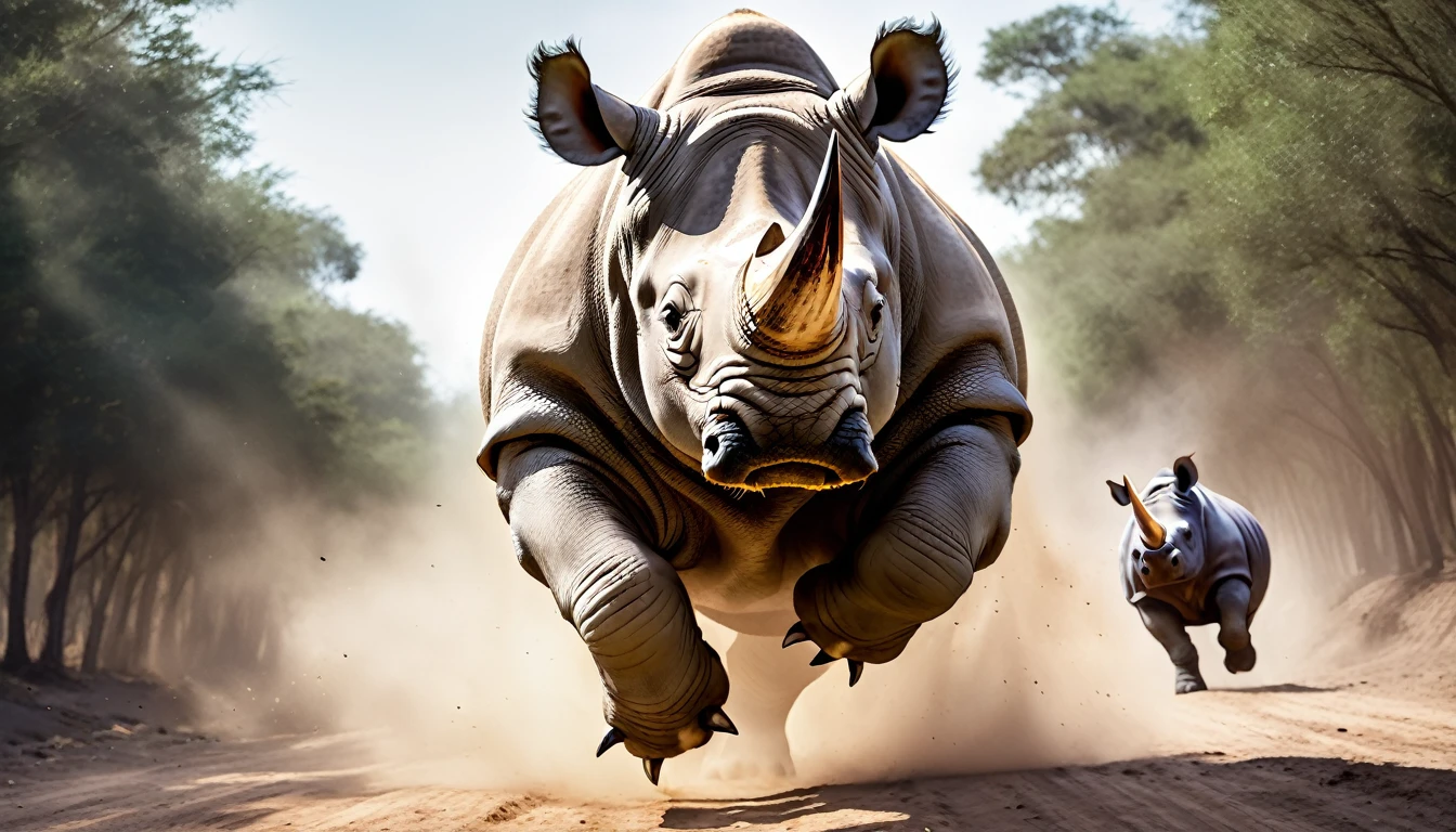 Realistic photos, RAW Photos, rhinoceros, attacks viewer, Powerful movements, jump on prey, ((Dynamic jump)), Sharp Claws, rhinoceros approaching from above, sudden approach, Bad-tempered, dynamic Shot from grand
