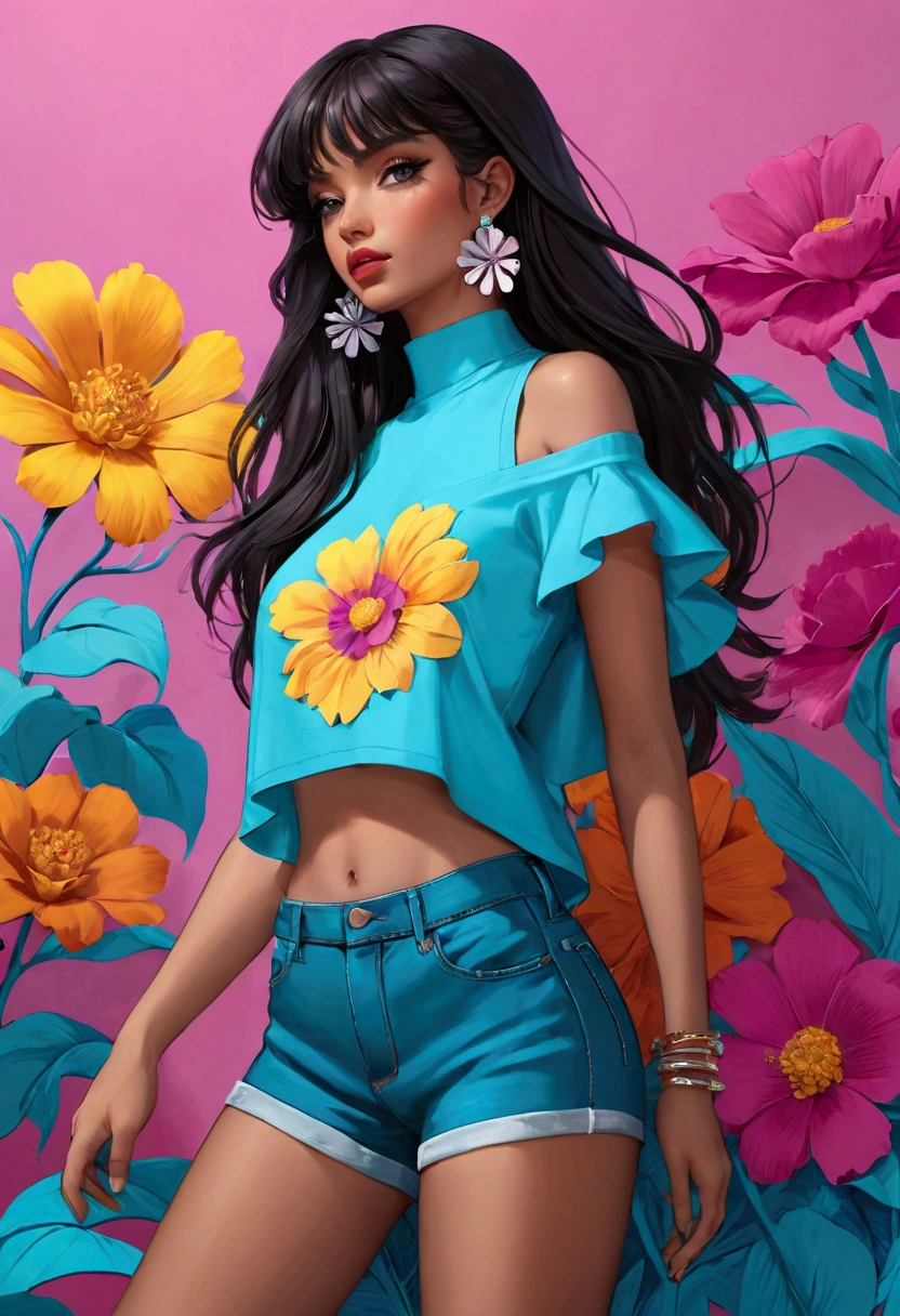 Featuring a dynamic and confident woman,She wears bold makeup,Wear colorful T-shirts, Bare shoulders, Ruffled sleeves, neck ribbon,Jewelry Earrings, Long hair, Looking at the audience, Bangs, Low rise denim shorts, Over the knee boots,Surrounded by vintage flower motifs, Vibrant brushstrokes, Self-deconstruction, Surreal Vaporwave Aesthetics, Threshold space, Negative Space,Pop Art, (Quilted Paper Art), Edge lighting、Octane Rendering、(Clear lines, HD,best quality, masterpiece, 4K ),