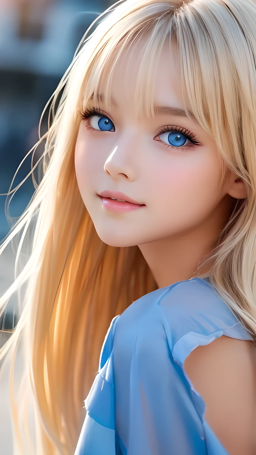 Very beautiful face、A beautiful blonde girl with a stunning beauty、Super Long Hair、windy silky blonde super long hair、Mysterious blonde、Swinging bangs that block the view、Cute sexy 16 year old blonde girl with light blue eyes、Hair above the eyes、片Hair above the eyes、Hair between the eyes、Big bright light blue eyes that shine so beautifully、eyeliner、Bright expression、Cheek gloss highlighter、Round face