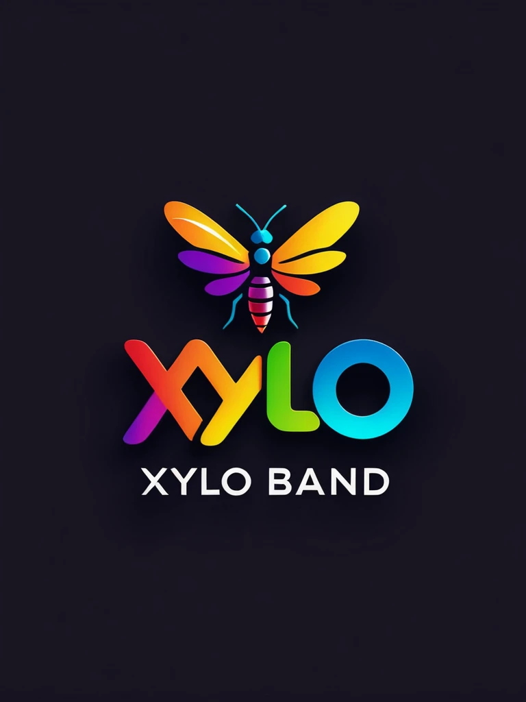Create a simple and vibrant logo titled "XYLO BAND" resembling a music band logo. Use vibrant colors like red, blue, green, yellow, and purple to symbolize energy and creativity. Incorporate a sleek and minimalist vector of a firefly insect in the design. Apply subtle HDR 4K effects to enhance brightness and contrast subtly. Ensure the composition is dynamic and eye-catching, reflecting a modern and lively brand identity while maintaining simplicity.