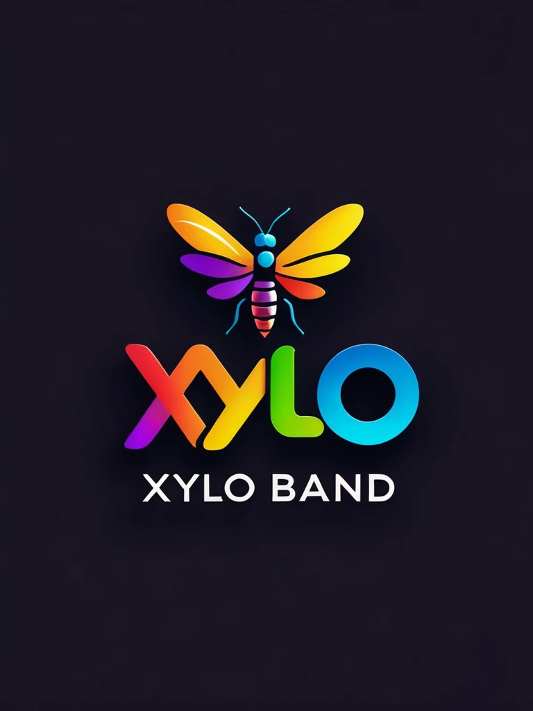 Create a simple and vibrant logo titled "XYLO BAND" resembling a music band logo. Use vibrant colors like red, blue, green, yellow, and purple to symbolize energy and creativity. Incorporate a sleek and minimalist vector of a firefly insect in the design. Apply subtle HDR 4K effects to enhance brightness and contrast subtly. Ensure the composition is dynamic and eye-catching, reflecting a modern and lively brand identity while maintaining simplicity.