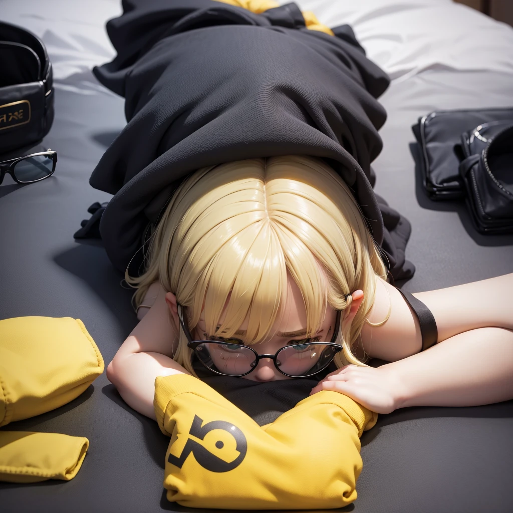 chubby girl, blond, Medium length hair, open forehead, without bangs, greeneyes, black square-rim glasses, tears, Sitting in bed, casual clothes