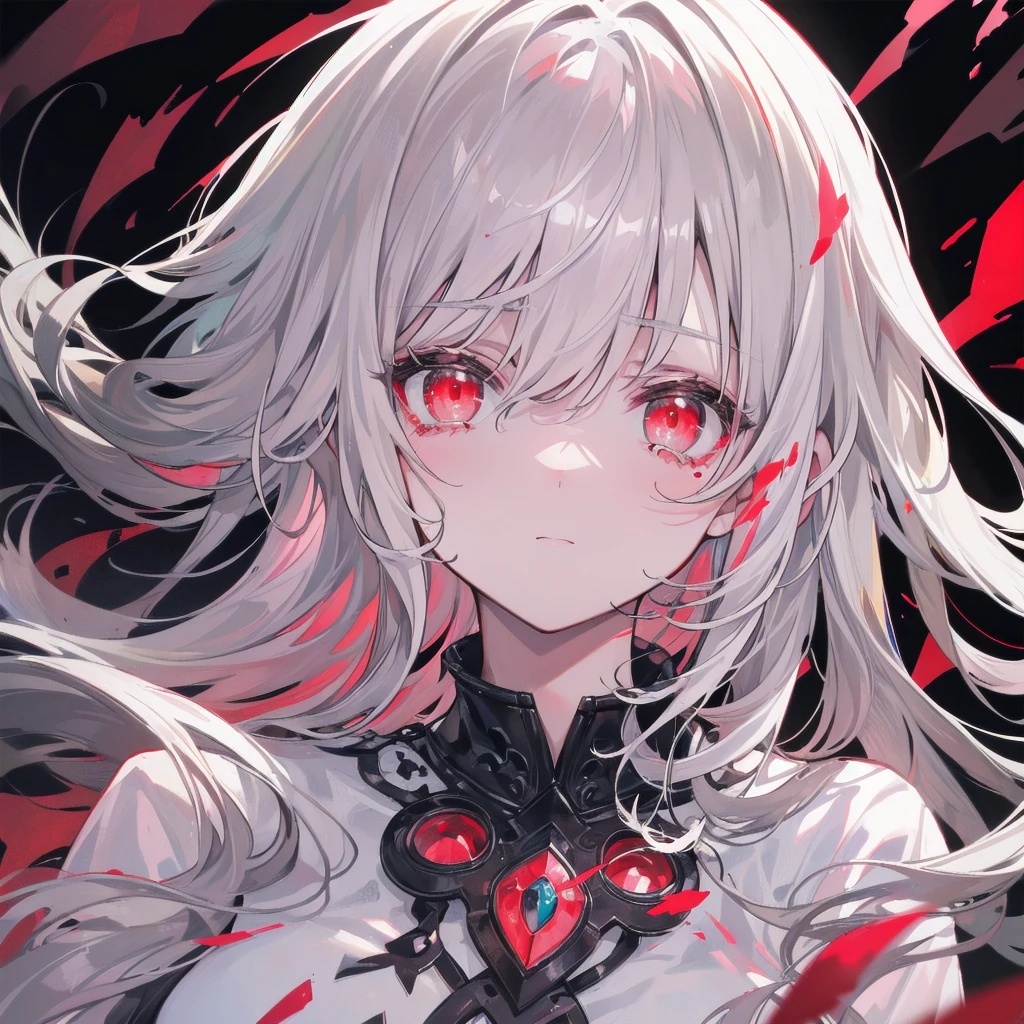 A once-in-a-millennium masterpiece, A photo that can never be taken again, Absurd high resolution, (Expressionless), (Red tears flow from the eyes:1.2), vampire, woman, Silver Hair, Red eyes, Big eyes that draw you in, White clothes, Red dyed clothes,There are red spots all over, Red from the mouth