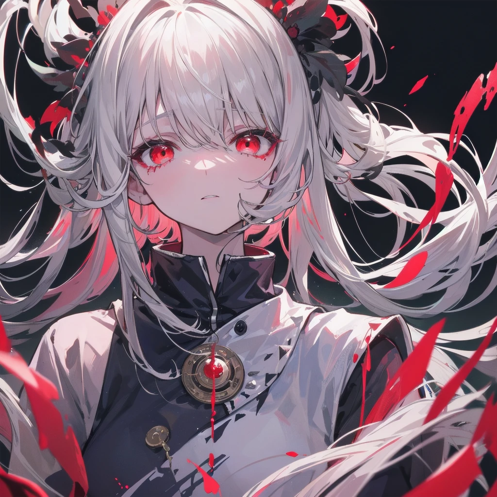 A once-in-a-millennium masterpiece, A photo that can never be taken again, Absurd high resolution, (Expressionless), (Red tears flow from the eyes:1.2), vampire, woman, Silver Hair, Red eyes, Big eyes that draw you in, White clothes, Red dyed clothes,There are red spots all over, Red from the mouth