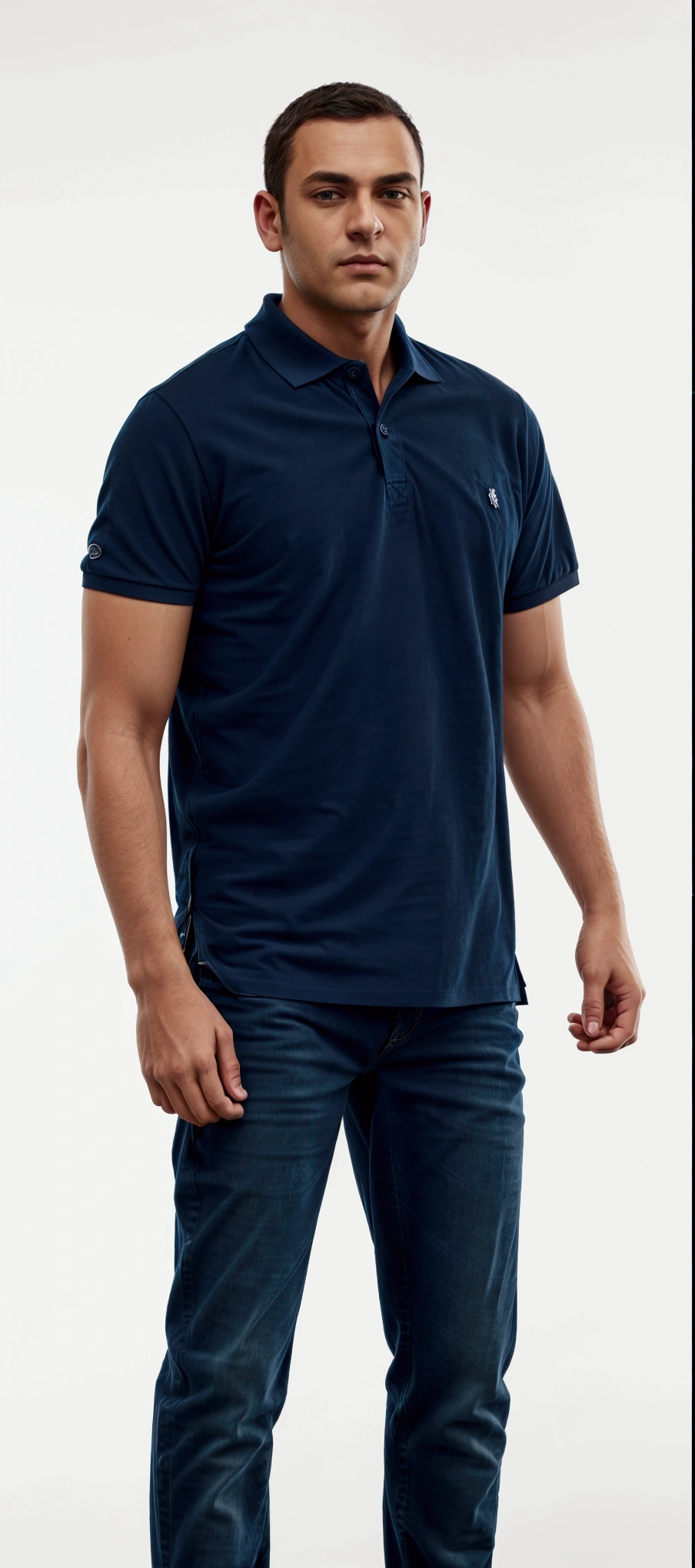 Man in blue shirt and jeans standing with his hands in his pockets, wearing a dark blue polo shirt, wearing polo shirt, manga curta, navy blue shirt, dark blue shirt, wearing a tshirt, casual modern clothing, in a dark teal polo shirt, official product image, 4 0 9 6, casual modern clothes