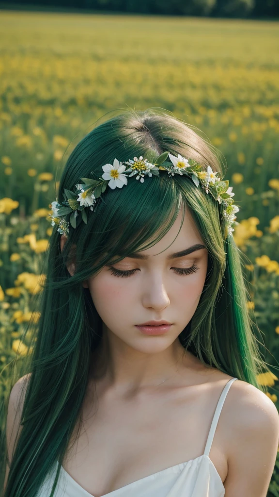a girl. face sent feeling. Europe. Oval face. long face. delicate facial features. close eyes. seductively seductive. long straight hair. green hair. wreath on head. angry expression. straight face. in the flower field