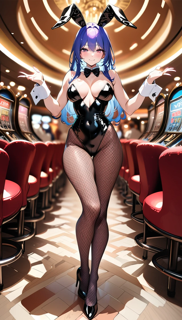 (masterpiece),(Highest quality),(Super detailed),(High resolution),(Highest quality),(An illustration),8k,woman,Beautiful Skin,Beautiful Face,,Bunny girl,High leg bunny suit,Fishnet tights,High heels,casino,smile,Random pose,(Hand,detailed,perfect,perfection,hands)