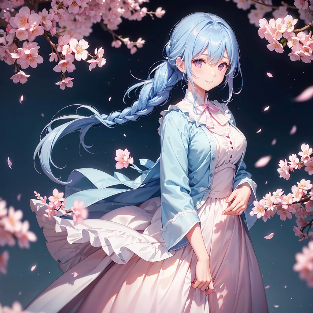 (Light blue medium hair),(Braided hair tied together)、Pink eyes、Fair skin、(whole body)、(uniform)、Cherry Blossoms at Night、A big smile、A dignified figure、solo、(masterpiece、Highest quality、Very detailed、Best Shadow)、(Detailed Background)、(Beautifully detailed face)、High contrast、(Best lighting、Very delicate and beautiful)、((Cinematic Light))、colorful、Hyper Detail、Dramatic Light、Exquisite detail、