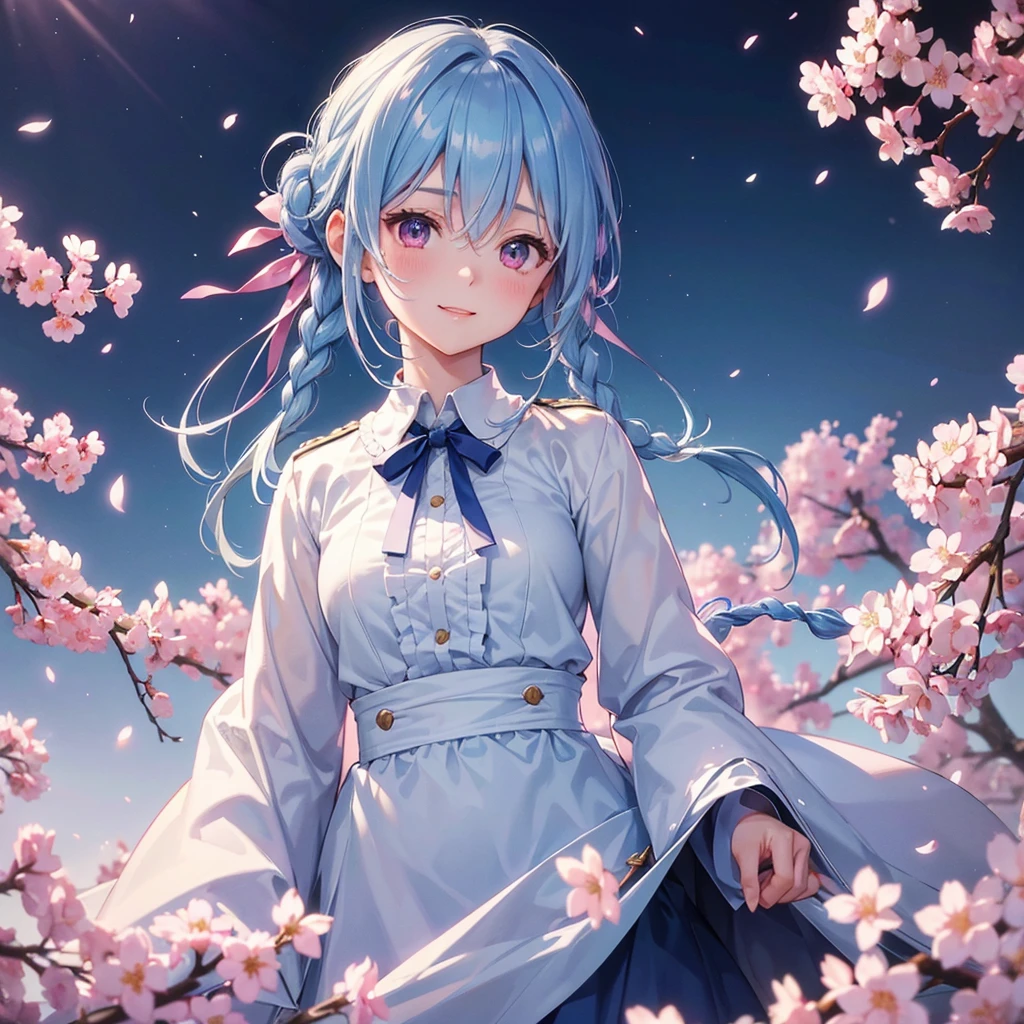 (Light blue medium hair),(Braided hair tied together)、Pink eyes、Fair skin、(whole body)、(uniform)、Cherry Blossoms at Night、A big smile、A dignified figure、solo、(masterpiece、Highest quality、Very detailed、Best Shadow)、(Detailed Background)、(Beautifully detailed face)、High contrast、(Best lighting、Very delicate and beautiful)、((Cinematic Light))、colorful、Hyper Detail、Dramatic Light、Exquisite detail、