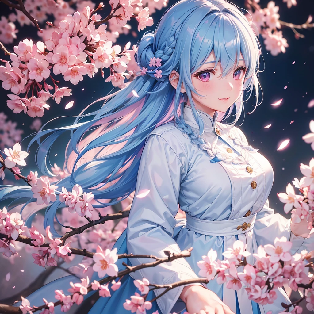(Light blue medium hair),(Braided hair tied together)、Pink eyes、Fair skin、(whole body)、(uniform)、Cherry Blossoms at Night、A big smile、A dignified figure、solo、(masterpiece、Highest quality、Very detailed、Best Shadow)、(Detailed Background)、(Beautifully detailed face)、High contrast、(Best lighting、Very delicate and beautiful)、((Cinematic Light))、colorful、Hyper Detail、Dramatic Light、Exquisite detail、