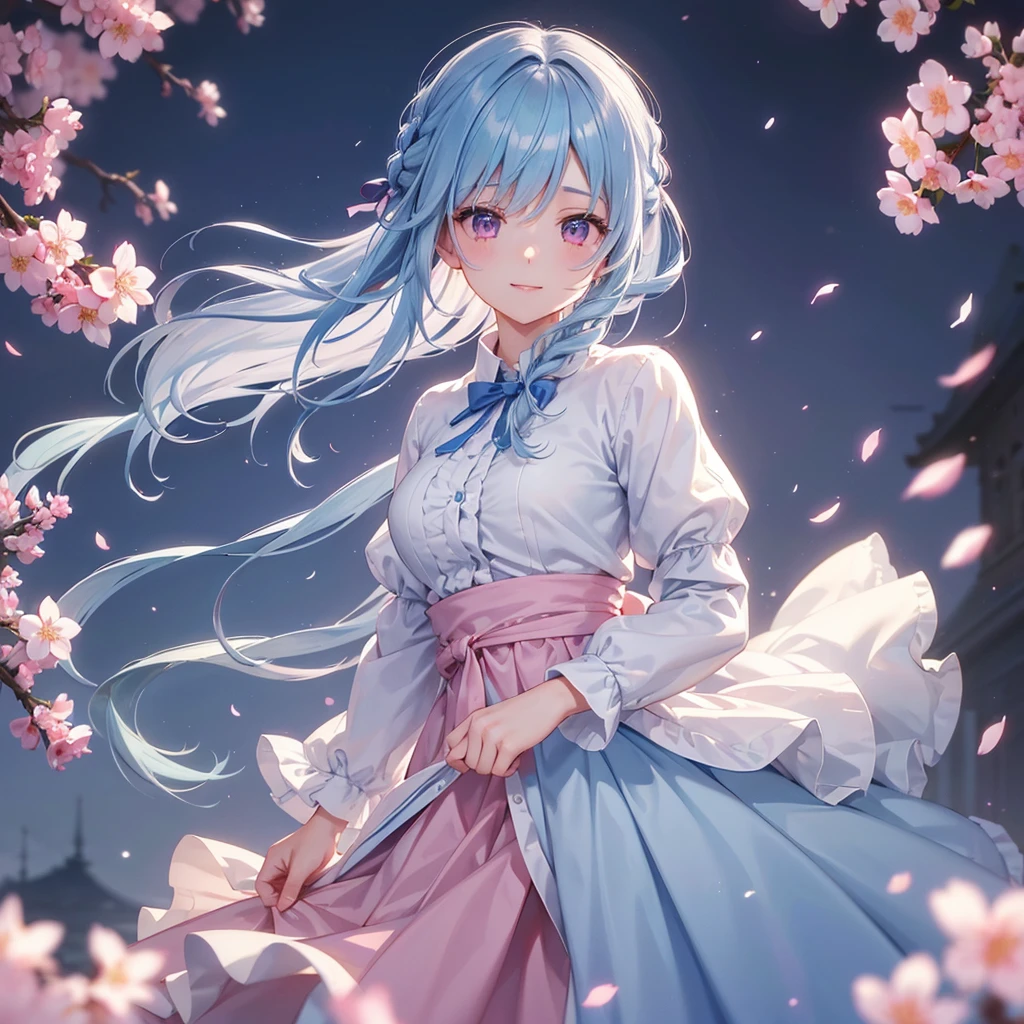 (Light blue medium hair),(Braided hair tied together)、Pink eyes、Fair skin、(whole body)、(uniform)、Cherry Blossoms at Night、A big smile、A dignified figure、solo、(masterpiece、Highest quality、Very detailed、Best Shadow)、(Detailed Background)、(Beautifully detailed face)、High contrast、(Best lighting、Very delicate and beautiful)、((Cinematic Light))、colorful、Hyper Detail、Dramatic Light、Exquisite detail、