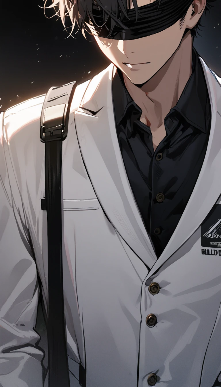 1boy,black back hair,blind fold,white blazer with logo,standing,closeup