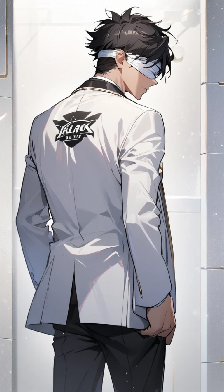 1boy,black back hair,blind fold,white blazer with logo,standing,closeup