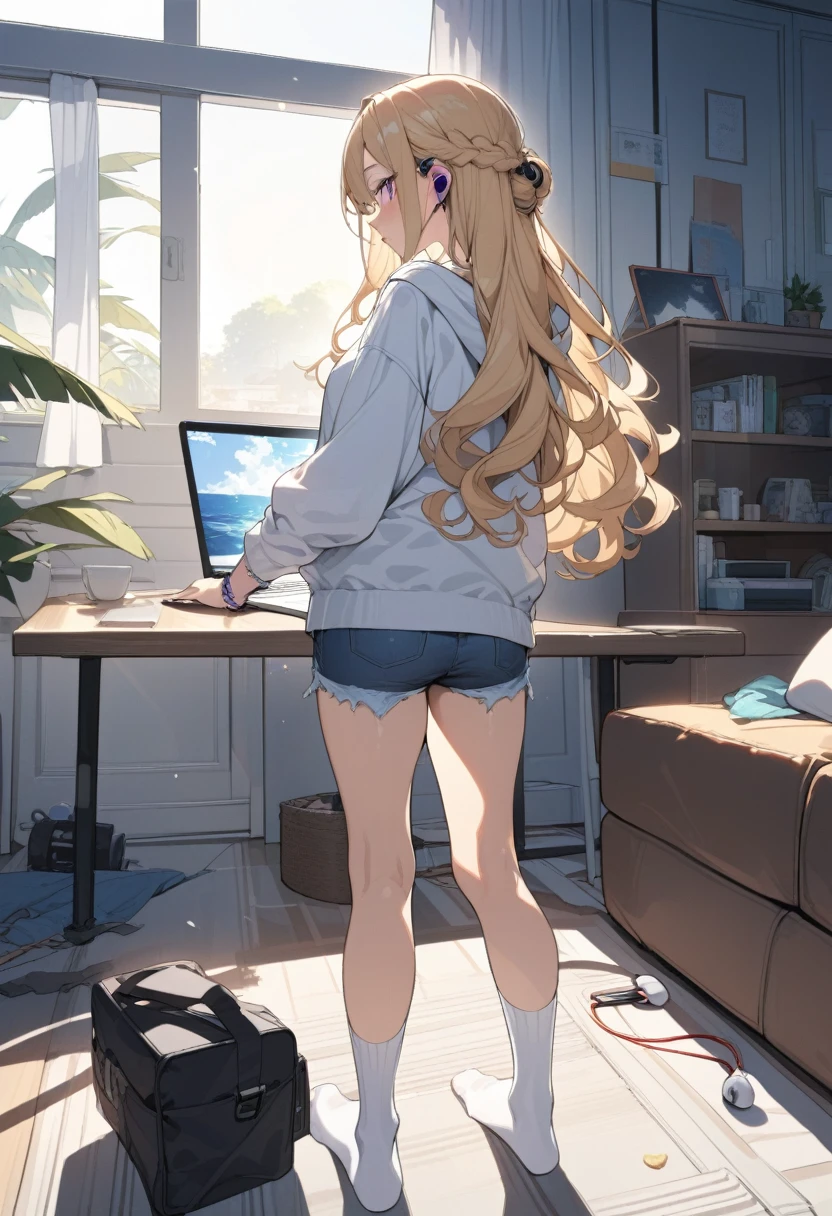 masterpiece, best quality, extremely detailed, ultra detailed, flat anime, 2D,
1girl, (young adult:1.2),blonde hair, (semi-long hair:1.2), curly hair, french braid, medium breasts, tsurime, purple eyes, height 1.7meters,
white hooded sweatshirt, jeans, earring,bracelet, long sleeves, ((Bluetooth small earphone)),socks,
Back view of a laptop computer,Operating a laptop computer,
from behind, full body,
summer, livingroom, 12AM., standing