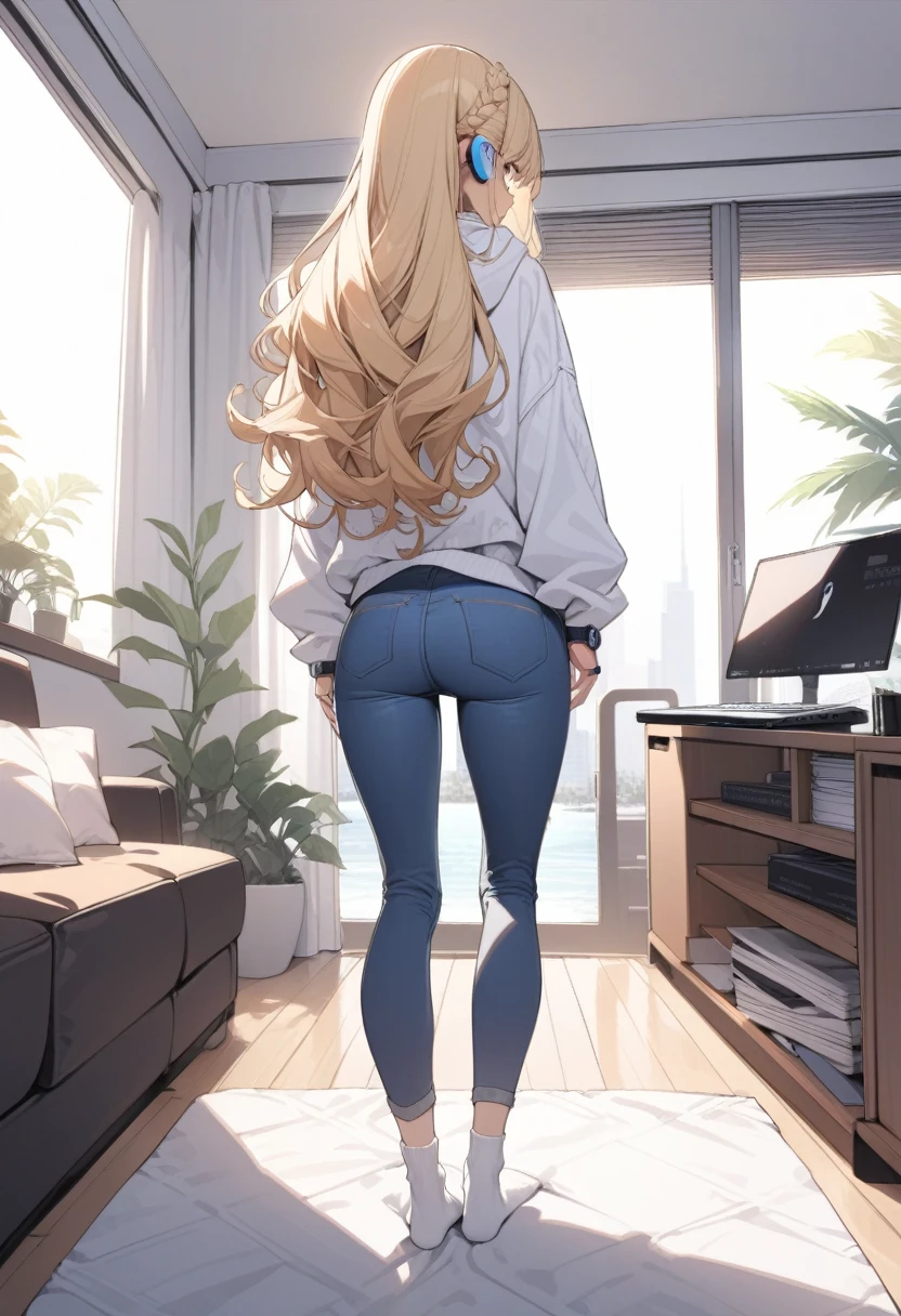 masterpiece, best quality, extremely detailed, ultra detailed, flat anime, 2D,
1girl, (young adult:1.2),blonde hair, (semi-long hair:1.2), curly hair, french braid, medium breasts, tsurime, purple eyes, height 1.7meters,
white hooded sweatshirt, jeans, earring,bracelet, long sleeves, ((Bluetooth small earphone)),socks,
Back view of a laptop computer,Operating a laptop computer,
from behind, full body,
summer, livingroom, 12AM., standing