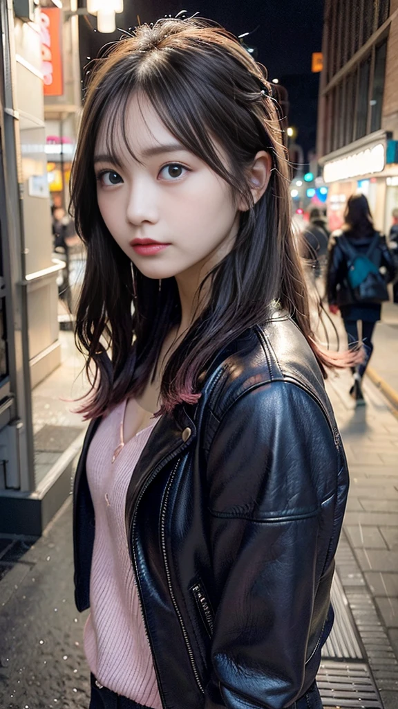 Girl Portrait, ((Pink long hair, leather jacket, blue eyes)), street photography, Side Angle, City Streets, ((rain, night, Matte color, Dark background)), blush, Looking at the camera, (8K, best quality, masterpiece:1.2), (Practical, photo-Practical:1.37), Extremely detailed, 1 girl, Lovely, Solitary, Beautiful and detailed sky, Dating, (Red and swollen nose), (Shut up) , Beautiful and delicate eyes, Practical, photo, Detailed background, Human Development Report,